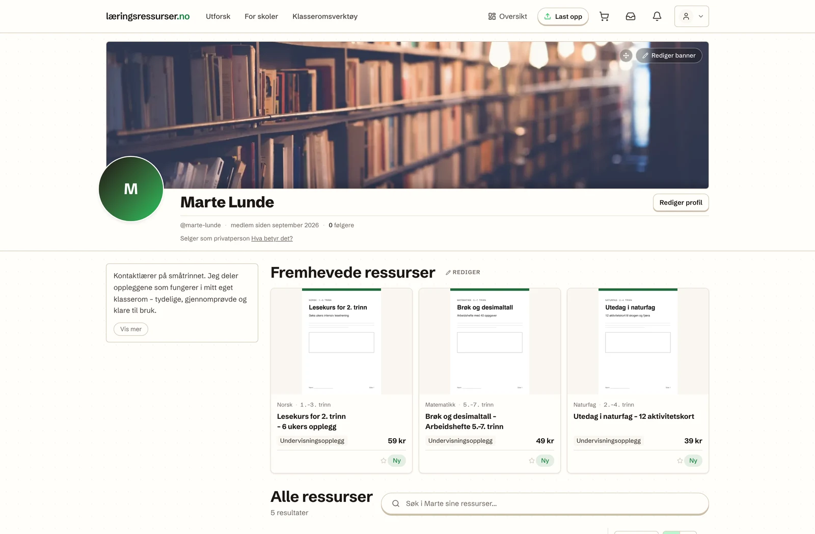 En ferdig butikkside med banner, navn, presentasjon og tre fremhevede ressurser – samt knappene «Rediger banner» og «Rediger profil»