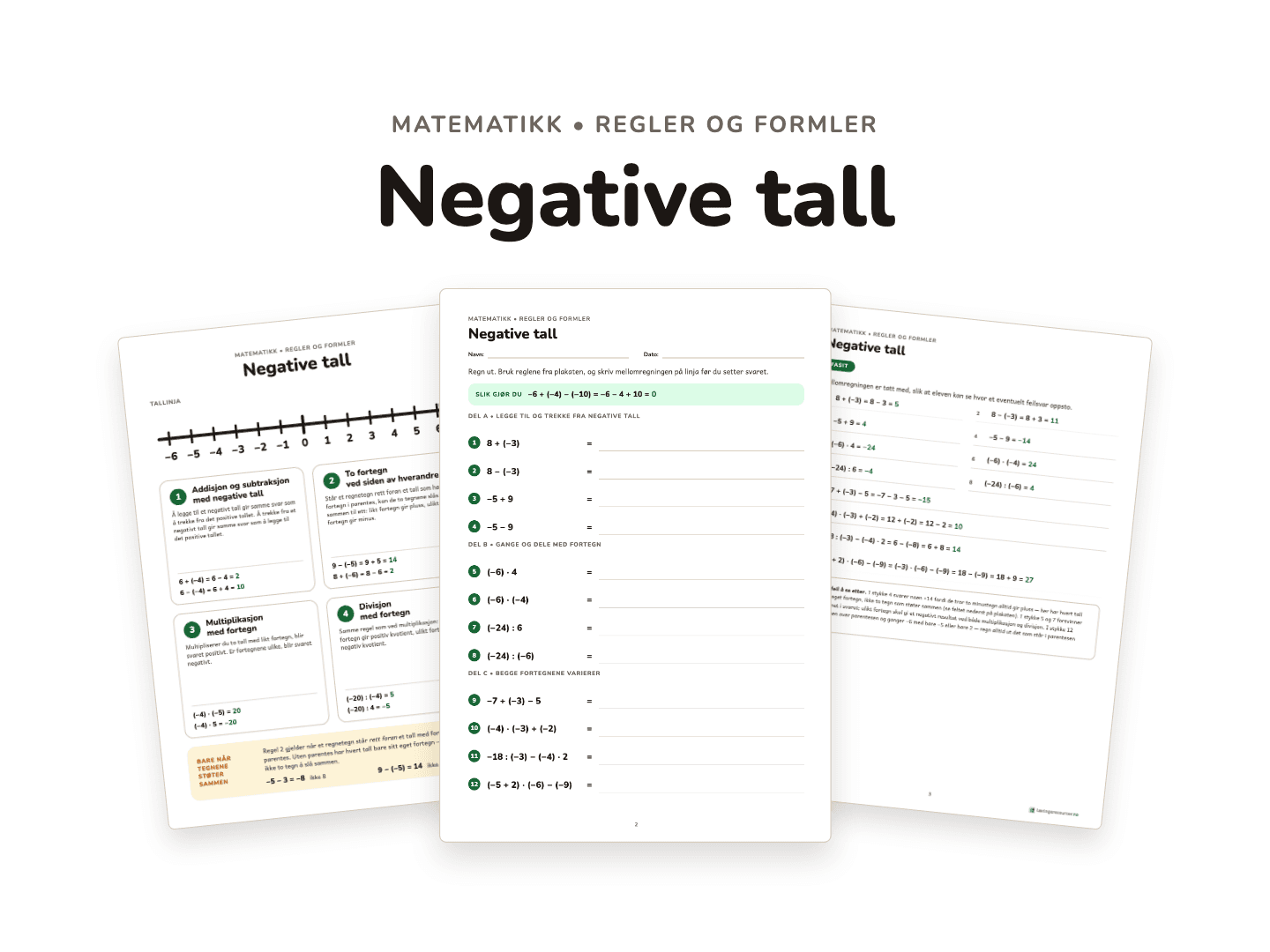 Negative tall – regneregler og øveark