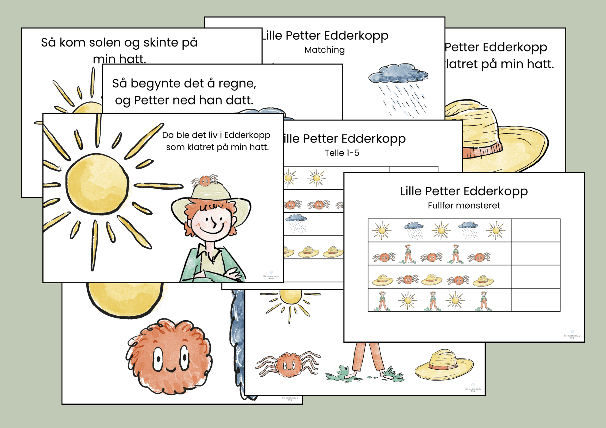 Lille Petter Edderkopp – aktivitetspakke: sangkort, matching, telling og finmotorikk