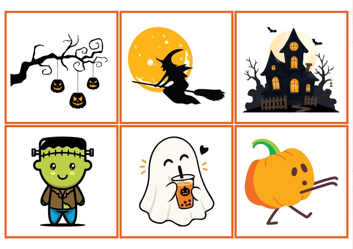 Halloween lotto og memory – bildekort med spøkelser, hekser og gresskar