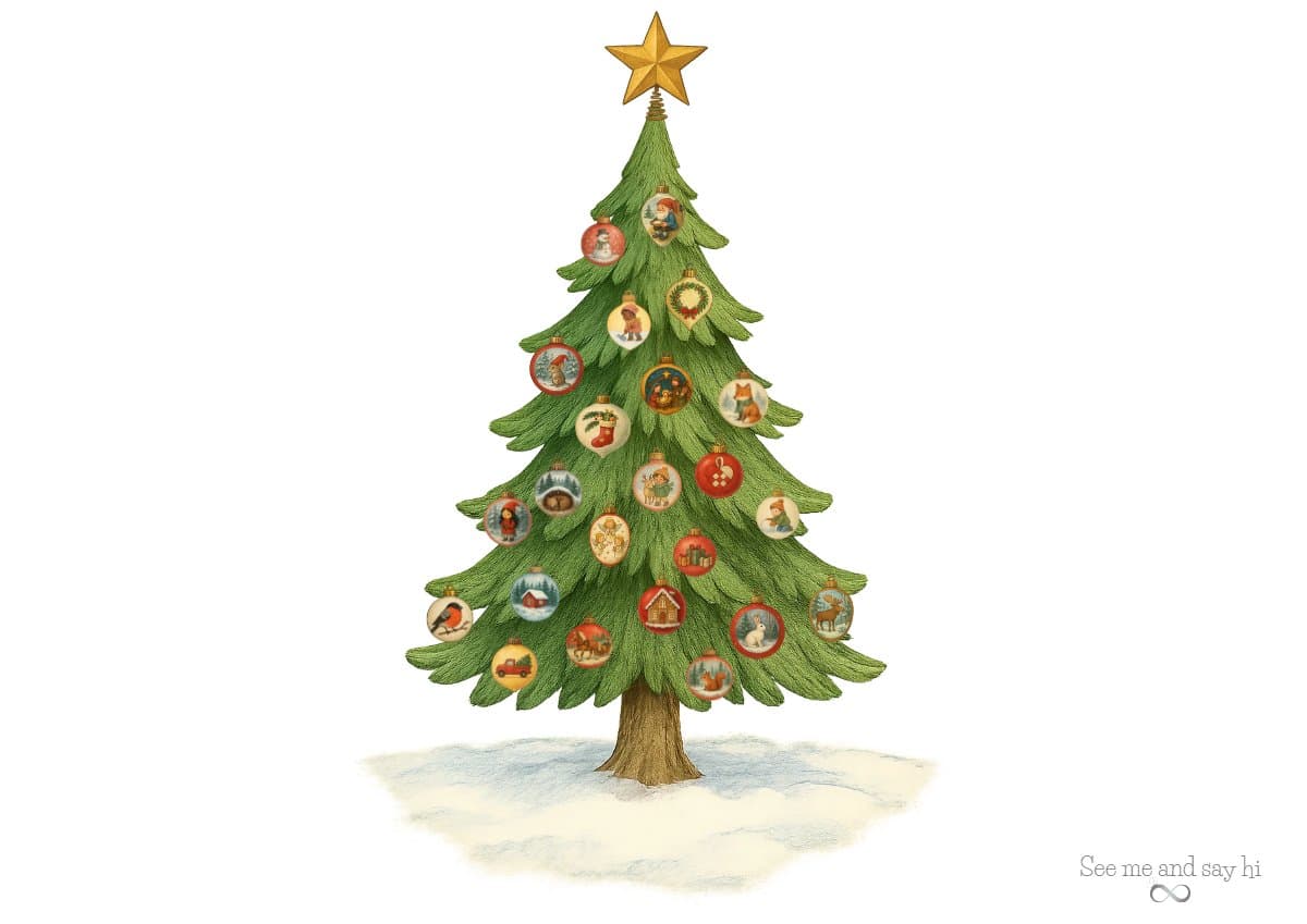 Adventskalender: juletre med julekuler til utklipping